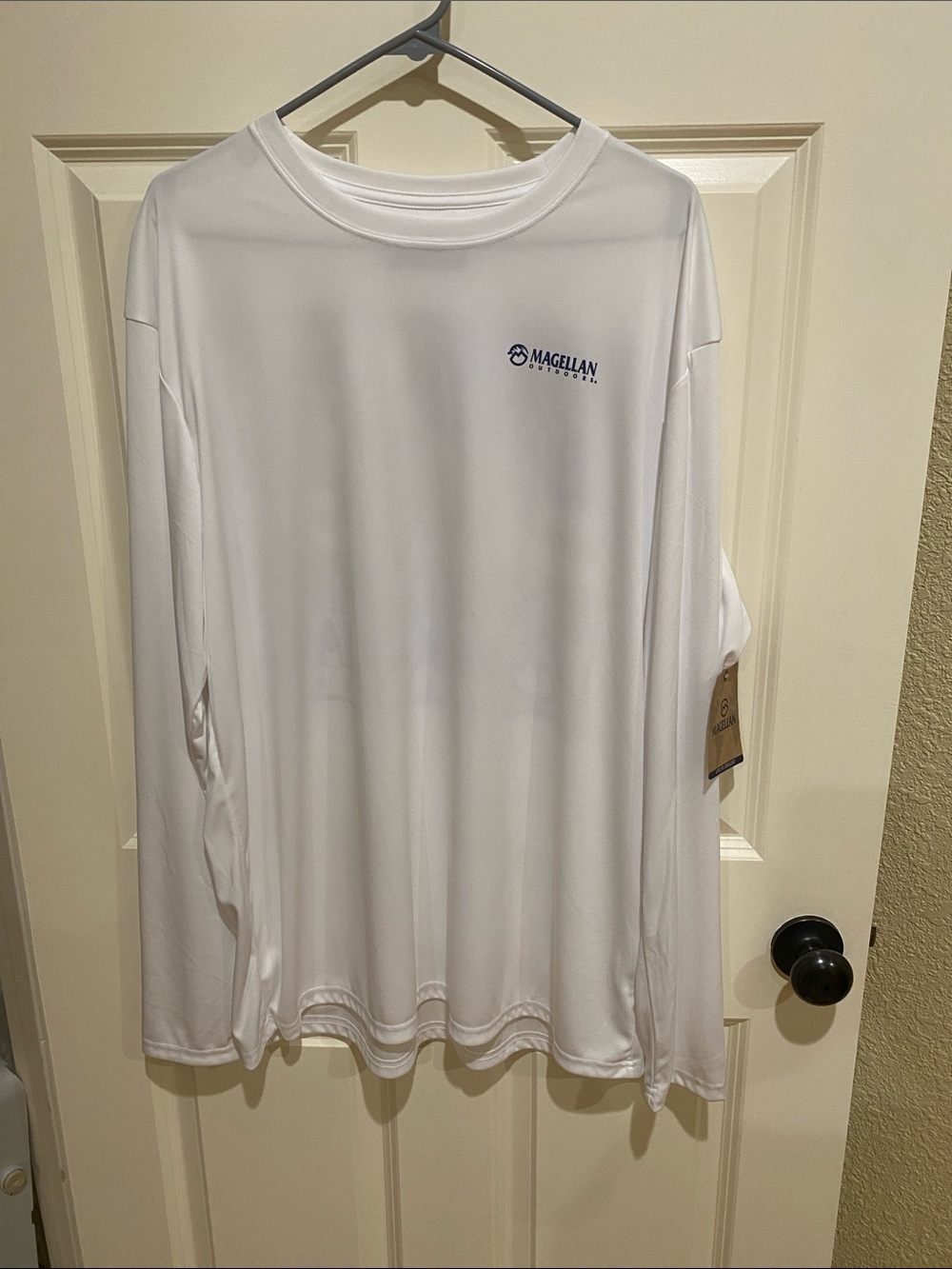 Magellan Outdoors Men’s White Long-Sleeve Performance Shirt with Navy Logo